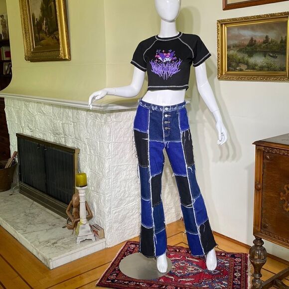 Shein Patchwork Distressed Black & Blue Denim High Waist Button Fly Flare Jeans - Picture 2 of 16